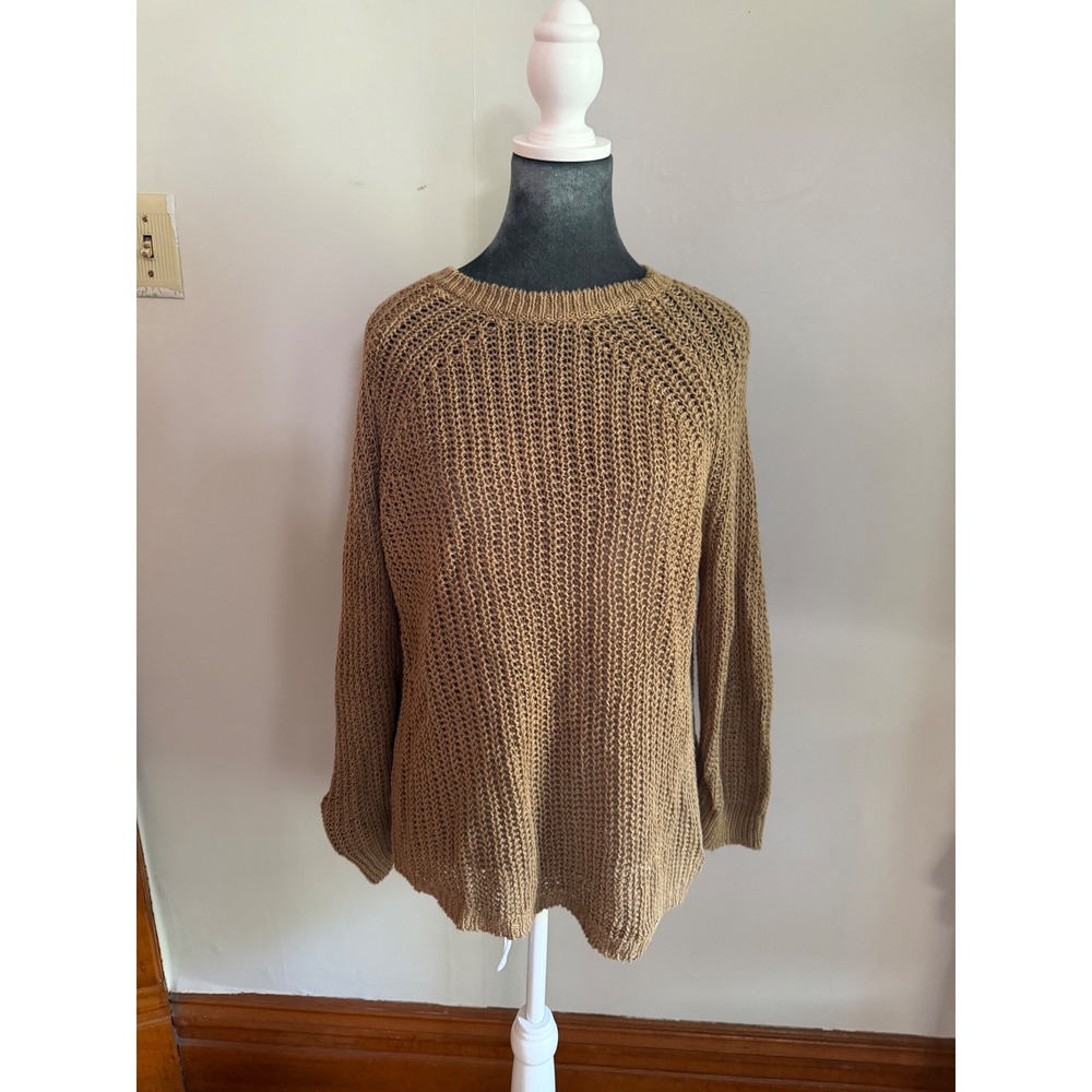 J.Crew 100% Linen Open Knit Sweater Brown‎ Raglan Crew Neck Small Beachy coastal
